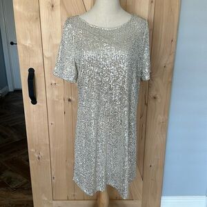 NWT 7 For All Mankind Silver Sequin Dress with Short Sleeves Sz L